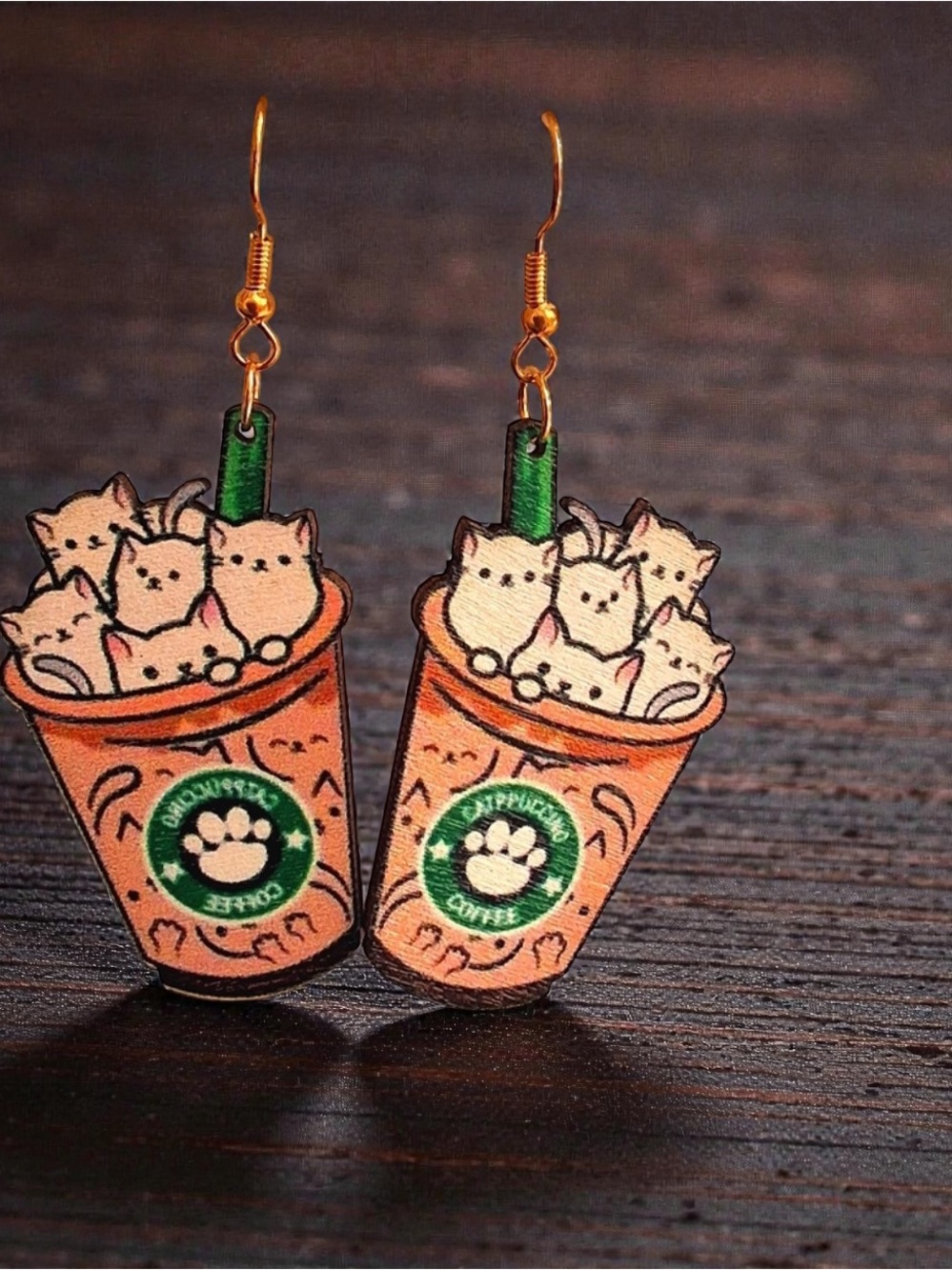 Cute Catpuccino Coffee Wooden Dangle Earrings - Lightweight NEW